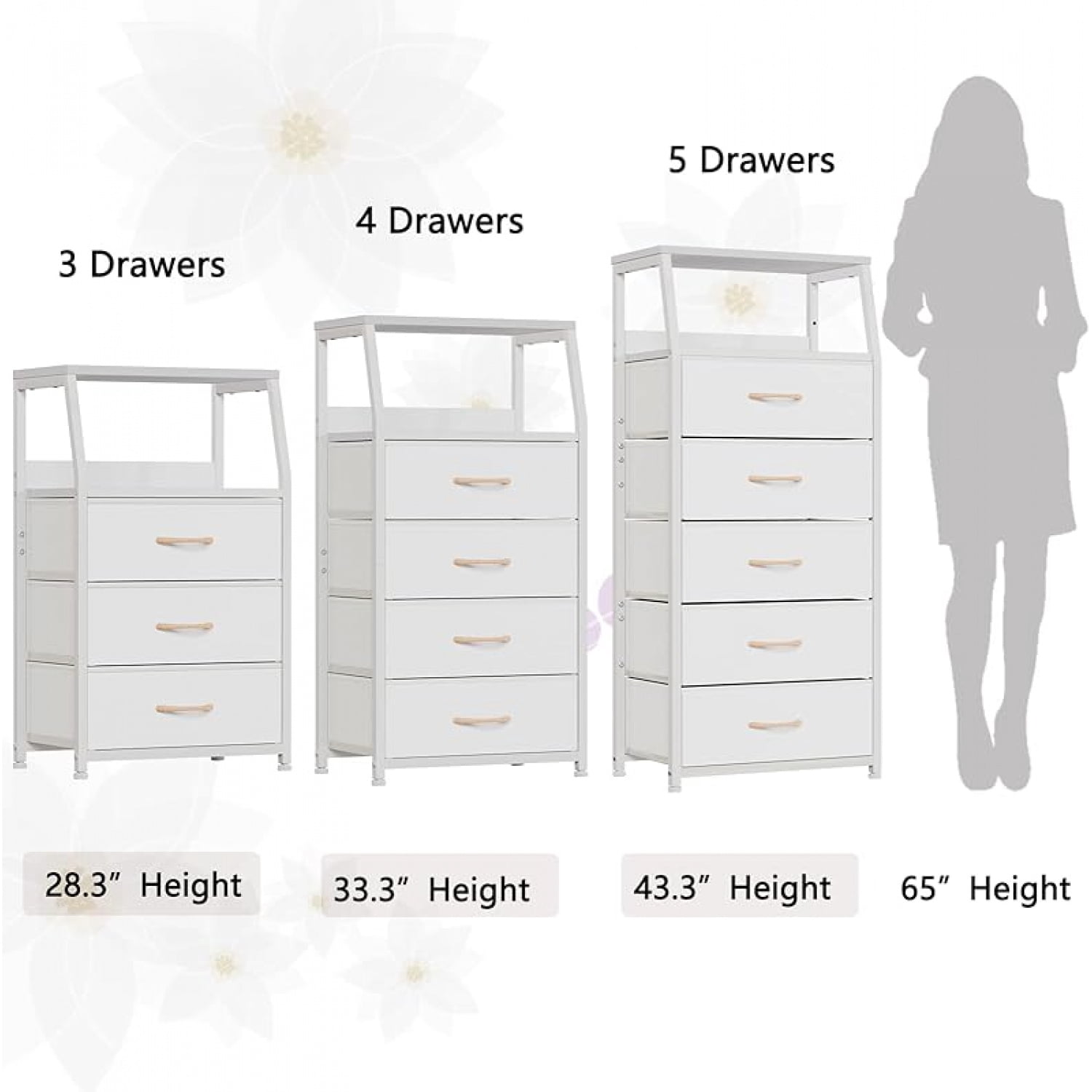 Tall 5 Drawers Dresser, Vertical Storage Tower for Bedroom, Hallway, Entryway, Nursery, Closet Organizer, Nightstand Bedside Table Furniture, Sturdy Steel Frame, Wood Top