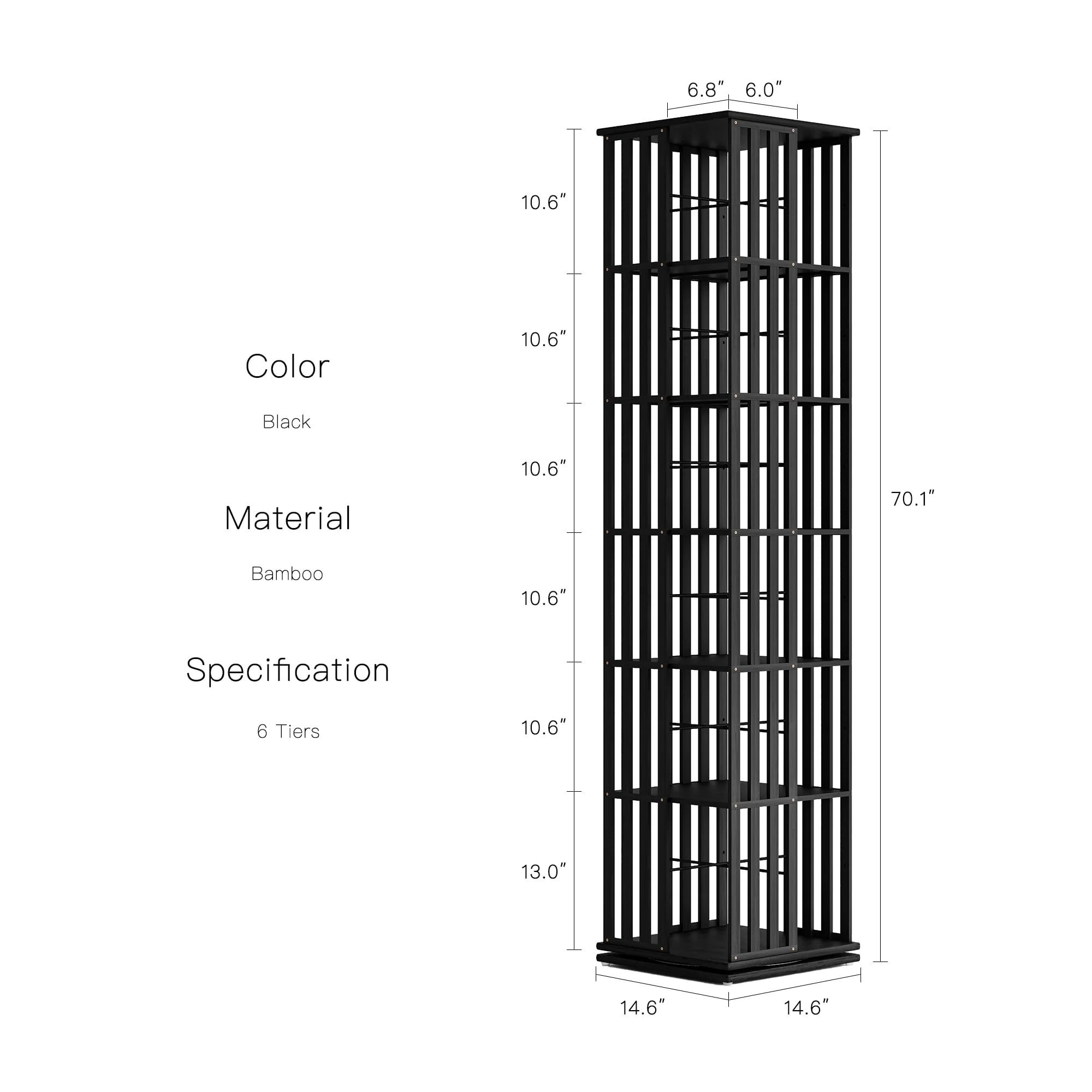 YOWOS 6-Tier Bamboo Rotating Bookcase Tower, 360° Swivel Corner Bookshelf with Display Organizer & Floor Storage Rack, Narrow Space-Saving Design, Black