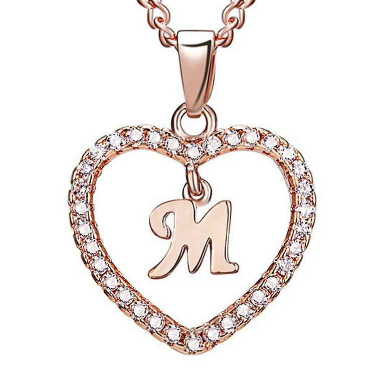 TureClos 26 Letters M Heart Shape Pendant Necklace Rhinestone Rose