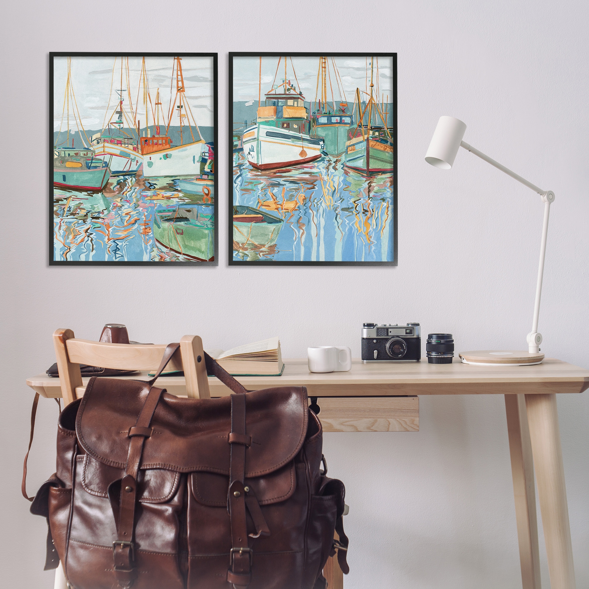 Stupell Industries Marina Ships Reflection Transportation Painting Black Framed Art Print Wall Art, 24 x 30, Set of 2