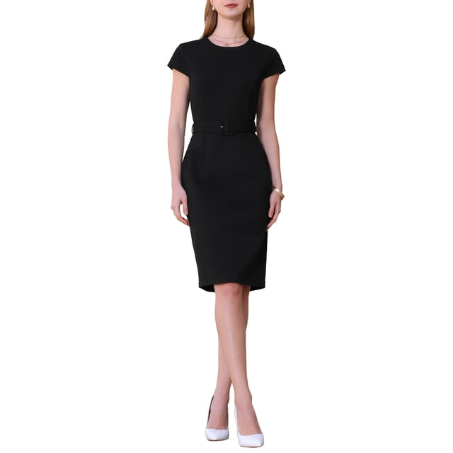 INSPIRAR CHIC Vestido Lápiz de Longitud a la Rodilla para Mujeres con Mangas Cortas y Cinturón para Usar en el Trabajo Vestidos Sheath L Negro