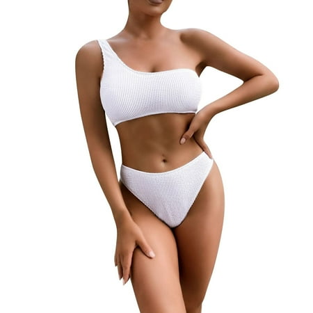 Women Swimsuits One Shoulder Push Up Bikini Set Thong Brazilian Beach Wear White Womens Bathing Suits M