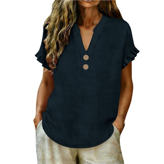 CYMMPU Women's Summer Solid Color Cotton Linen Button Front Blouse, Casual Loose Lightweight Short Sleeve Top Navy S