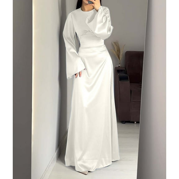 Cavosen Womens Long Dresses for Wedding Guest White Satin Elegant Kimonos Long Sleeve Maxi Dress Round Neck Solid Floor Length Dress Flowy Bodycon Wrap Party Dress