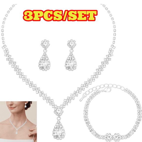 Elegant Crystal Necklace Earrings Bracelets Set, Silver Bridal Wedding Jewelry Set, Bride Bridesmaids Prom Formal Accessories for Women
