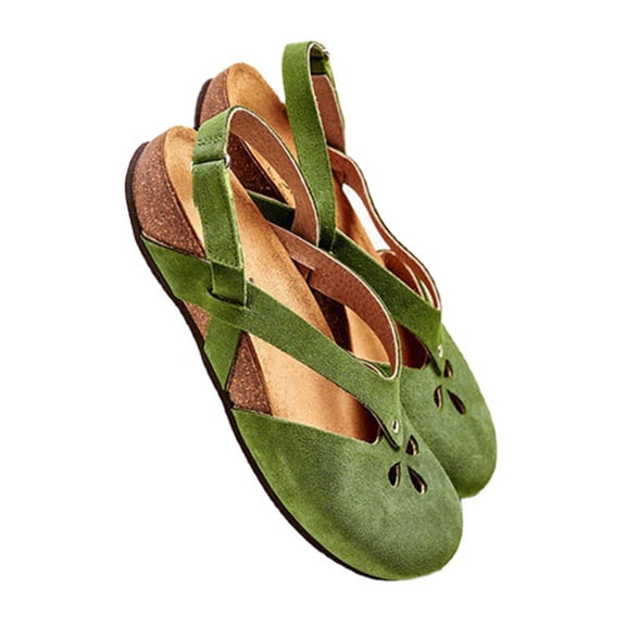 KIJBLAE Women Genuine Leather Cross Strap Sandals Summer Beach Shoes Ladies Slip-On Flat Sandals Plus Size Open Toe Sandals Green 43