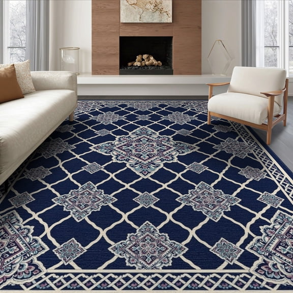 ODIKA 8'x10' Washable Area Rug Durable, Non-Slip Front Door Trellis Covering Featuring Geometric Motifs Entrance for Living Room, Under Sectional, Family