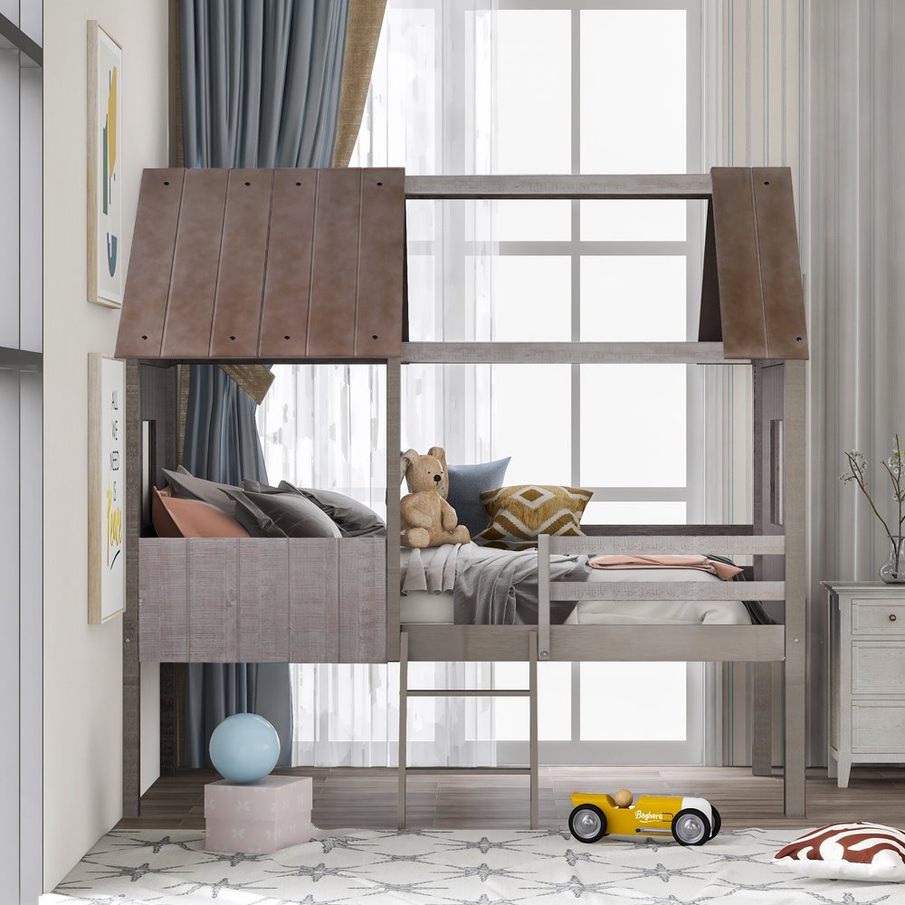 Kids Twin Tree House Bed Low Loft Bed in Antique Gray - Walmart.com