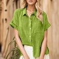 thumbnail image 2 of Baqcunre Shirts For Women Summer New Ladies Loose Blouses Cotton And Lapel Rolled Short Sleeve Button Shirt Tee Shirt Tops For Women 2023 Workout Tops For Women Green 1 S, 2 of 5