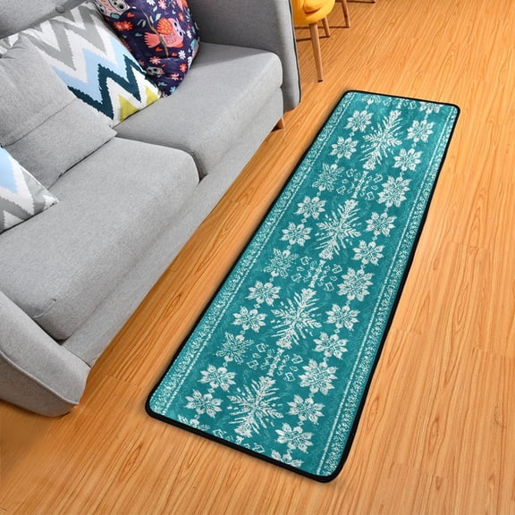 Intricate Turquoise White Knit Pattern Long Floor Mat Runner Rug Area Rug Carpet Water Absorbent Non-Slip 72" x 24"