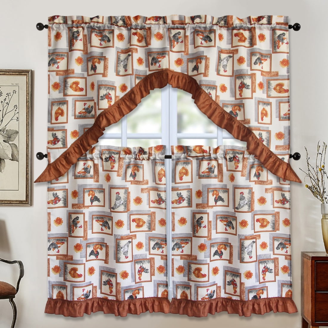 3 PC Kitchen Curtain Swag Set, Fruit Floral Rooster Printed Design Window Panels - Picture 23 of 62