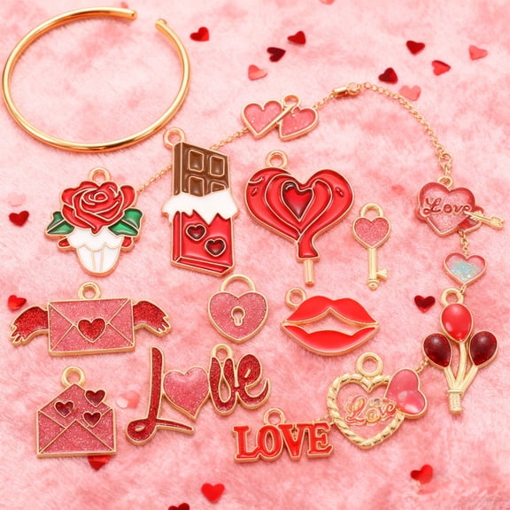 Elainilye Valentine's Day Jewelry Making Kit, 16PCS Alloy Heart Pendant Charms for Bracelet Necklace Keychain, DIY Accessories Craft Gift