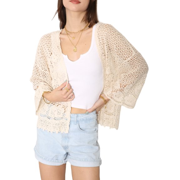 Womens Short Embroidered Lace Kimono Crop Cardigan with Half Sleeves, Beige, One Size
