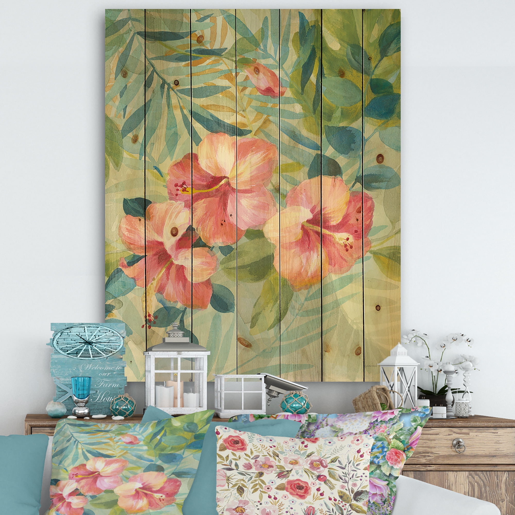 Designart 'Hibiscus Floral Garden III' Traditional Print on Natural Pine Wood