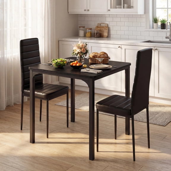 Dining Table Set for 2, 3 Piece Kitchen Table Set with 2 Upholstered PU Leather Chairs for Dining Room, Living Room, Apartment, Small Space, Black