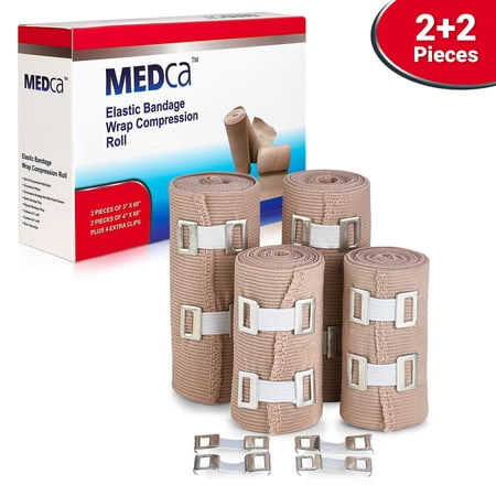 Elastic Compression Bandage Wrap - Premium Quality (Set of 4) with Hooks, Athletic Sport Support Tape Rolls for Ankle, Wrist, Arm, Leg Sprains | Each First Aid Bandages Roll Measures 4 Inch x 5 Feet