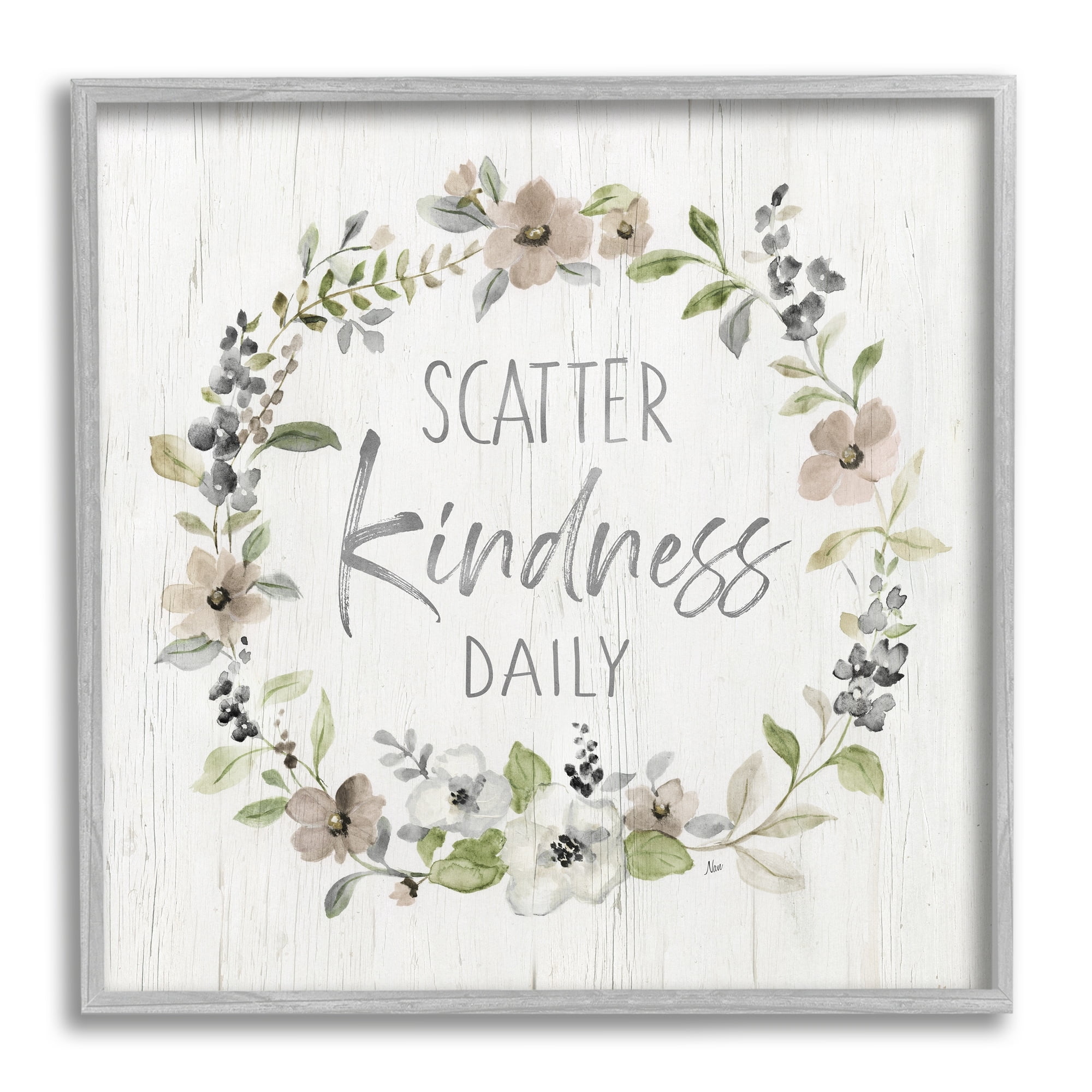 Stupell Industries Scatter Kindness Daily Blooming Shabby Chic Wreath Graphic Art Gray Framed Art Print Wall Art, Design by Nan