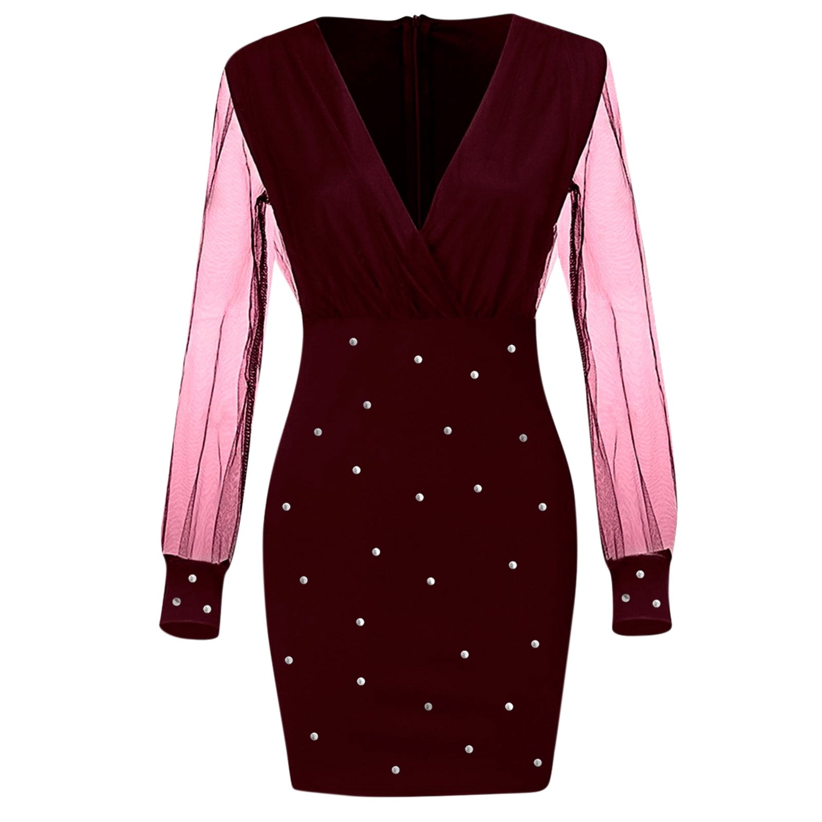 JGGSPWM Women's Sheer Long Sleeve V Neck Mini Dress Pearl Beading Dresses Wine S