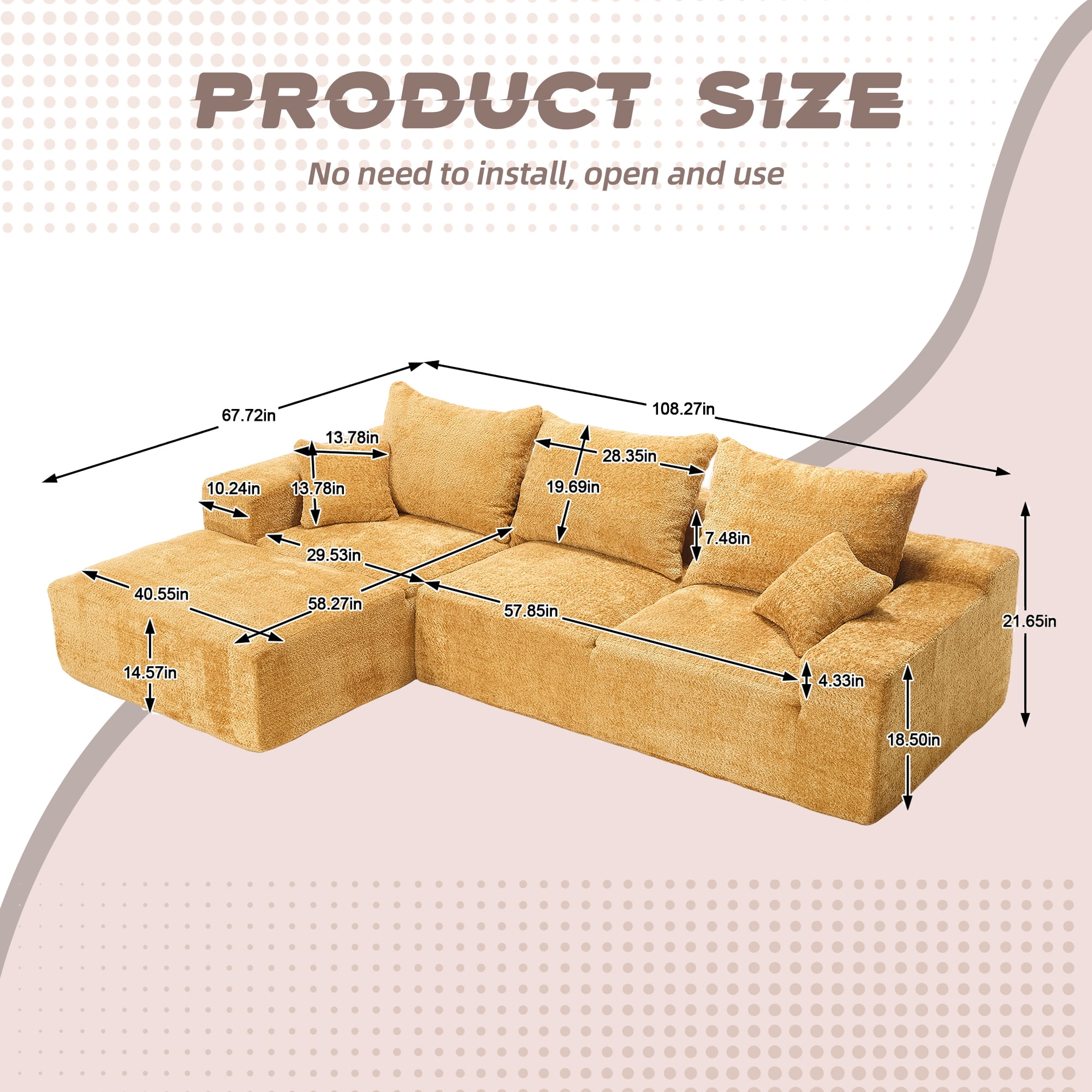MOONMISS Boucle Upholstered L-shaped Intimate Comfort Deep Seat Modern Sofa with 5 Pillows-Yellow