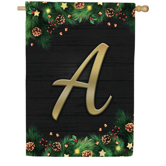 America Forever Christmas Monogram House Flag Letter A 28 x 40 inches Double Sided, Shiled , Pinecones Xmas Seasonal Outdoor Decor, Holiday Outside Yard Decorations