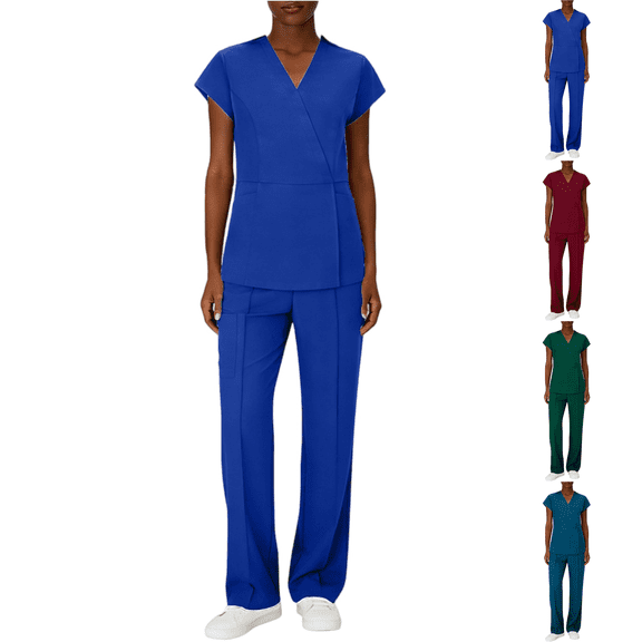 Women's Cool Stretch Wrap V-Neck Top and Wide Leg Pant Scrub Set Royal Blue S