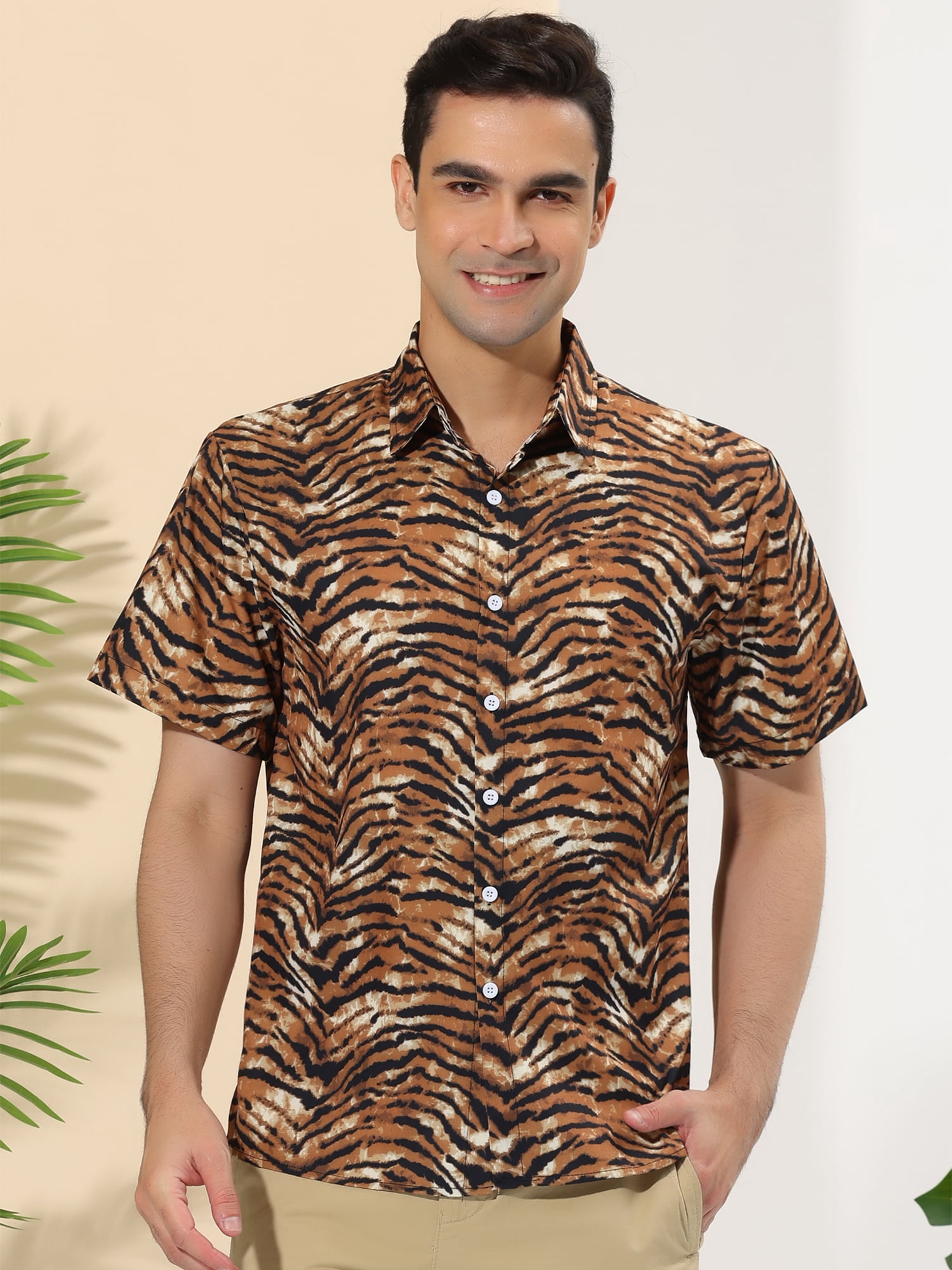 Unique Bargains Men's Animal Print Short Sleeves Casual Summer Printed Shirts S Tiger Print