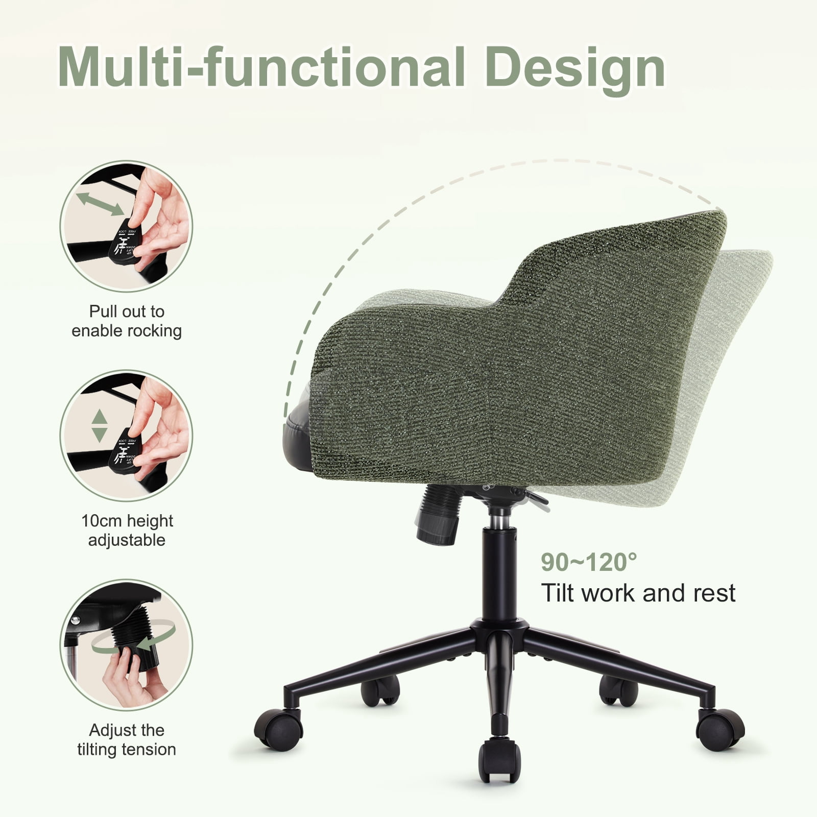 Office Chair with Wheels and Arms, Height Adjustable Ergonomic Swivel Chair,  Chair for Home Office, Bedroom, Living Room Makeup