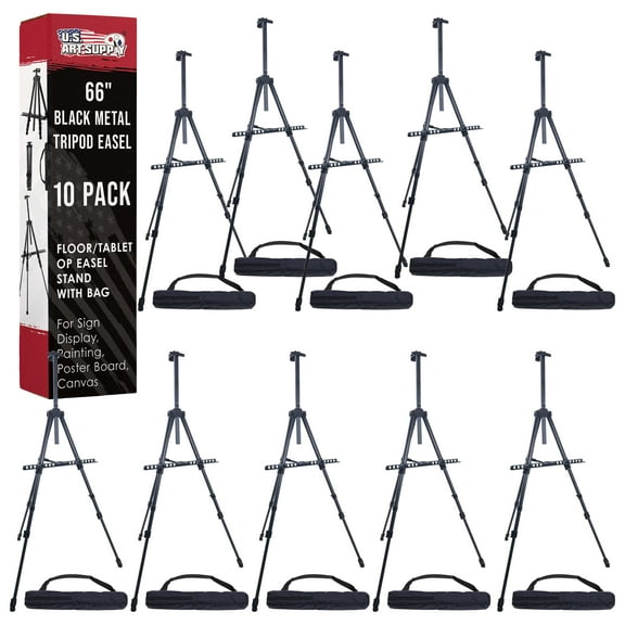 U.S. Art Supply - Pack of 10 - 66 Inch Sturdy Black Aluminum Tripod Artist Field and Display Easel Stand - Adjustable Height 20" to 5.5 Feet, Holds 32" Canvas