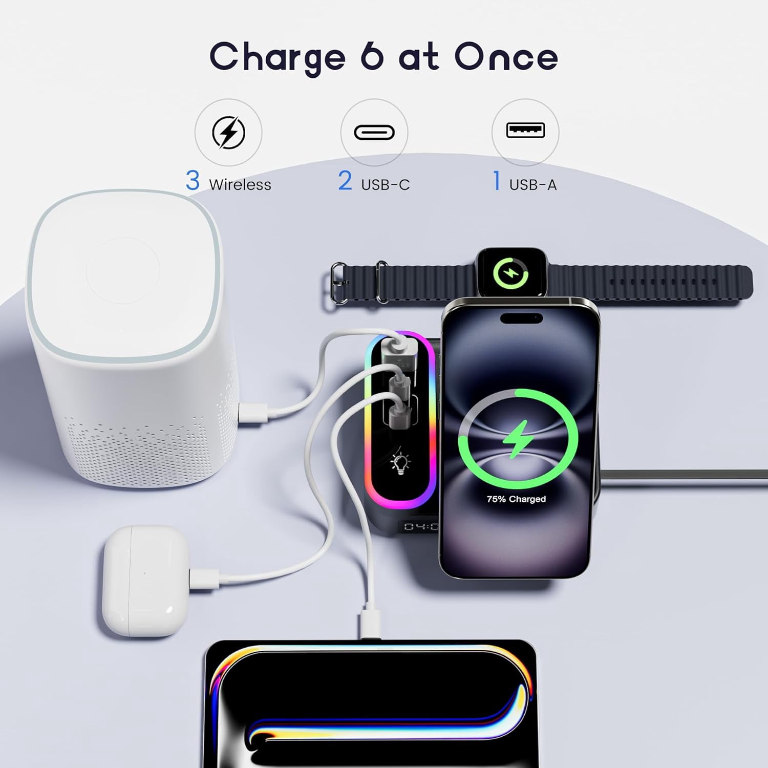8-in-1 Charging Station 65W, 15W Magnetic Wireless Charger with Retractable Cable, 30W USB C Fast Charging Stand for iPad, Multiple Devices for iPhone 17 16 15 14 13 12 Pro Max Apple Watch Airpods