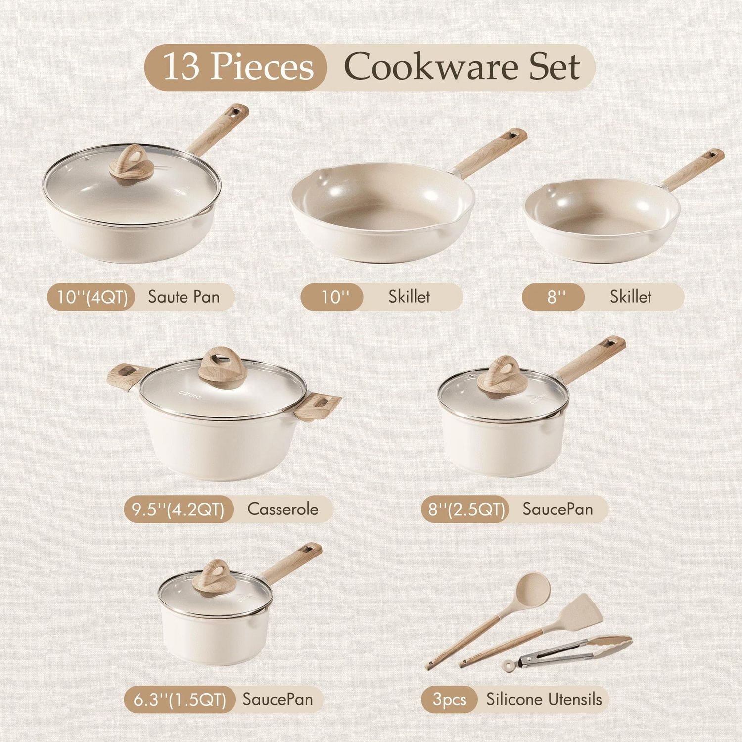 Carote Ceramic Pans and Pots Set, 13 Piece Industion Kitchen Non-Stick Cookware Sets Taupe