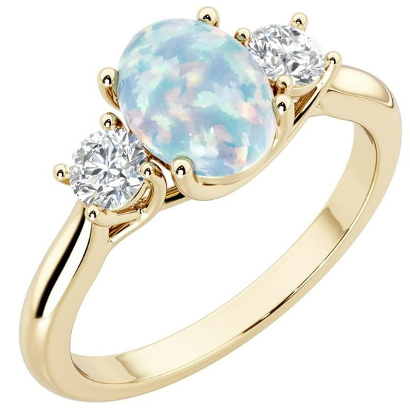 White Opal and Lab Grown Diamond 3-Stone Trellis Ring 14K Gold 1.30 Carats Oval