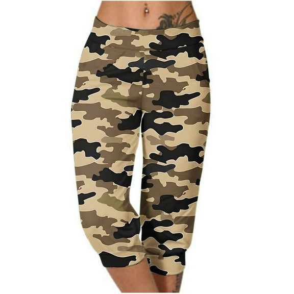 Capri Sweatpants for Women Summer Casual Outdoor Pull-Up Camo Print Joggers Trousers with Pocket Wide Leg Workout Pants, Multicolor, XXXL