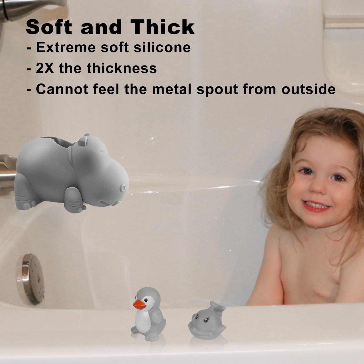 Bath Kneeler and Elbow Rest Pad Set with Toy Organizer - Bath Tub Pad - Bath Spout Cover Gray Hippo - Free Bathtub Toys
