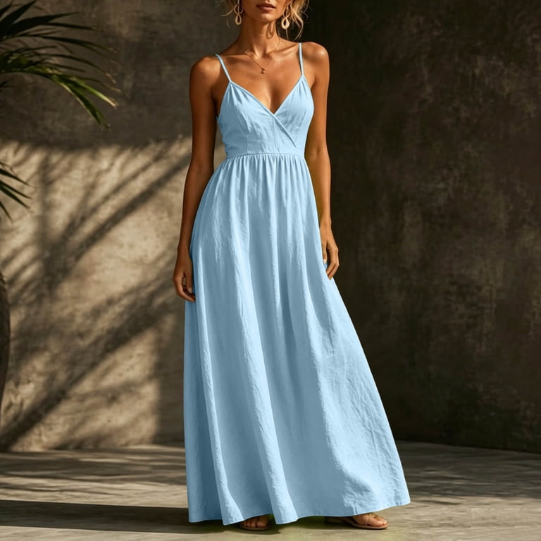 pale blue flowy dress Hinvhai Women's V Neck Spaghetti Strap Maxi Dress, Solid Color Open Back Pocket Flowy Vacation Long Dress Light Blue S(s), Size: Small
