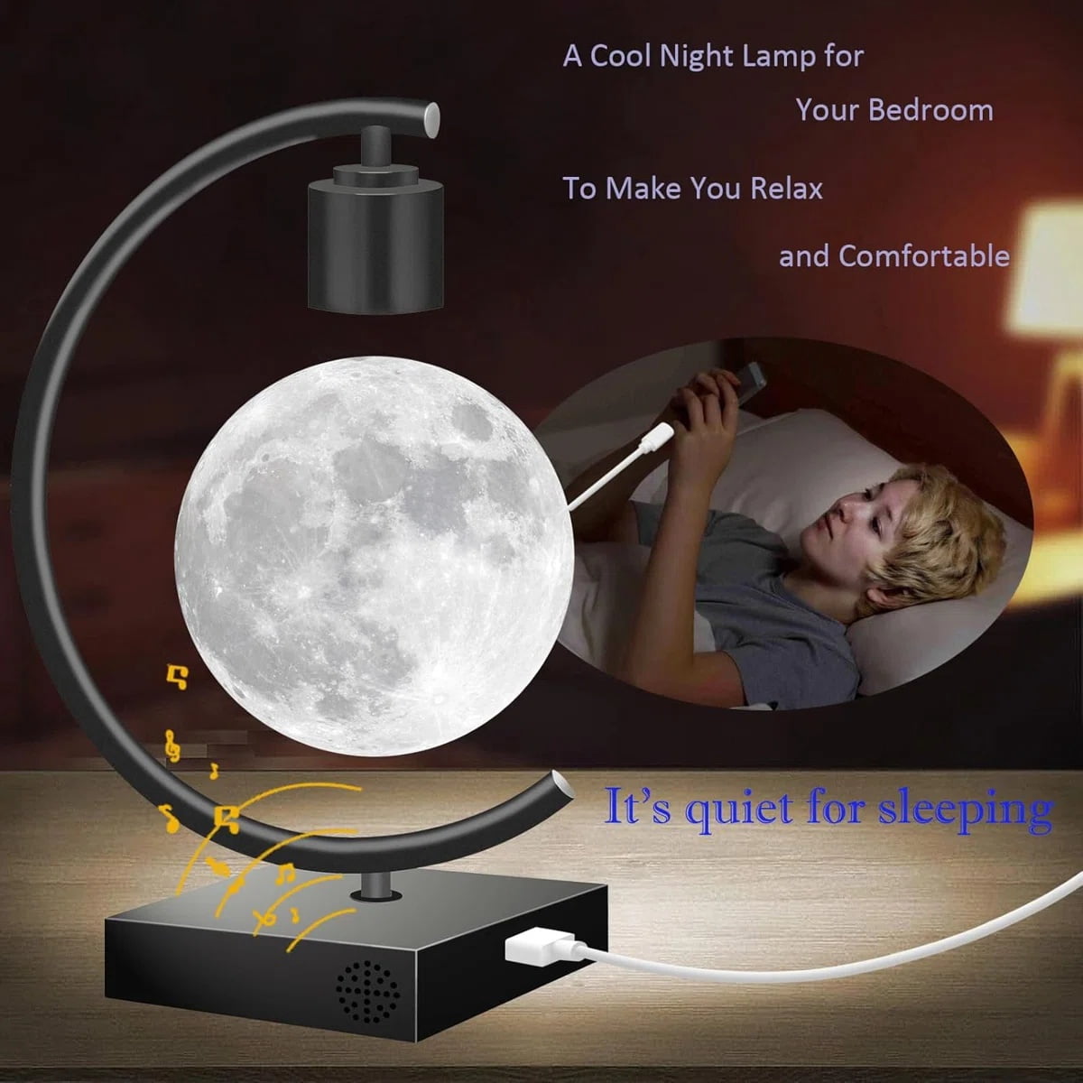 Magnetic Levitating Moon Desk Lamp with Bluetooth Speaker, 3-Color Light, Home Office Decor & Unique Gift