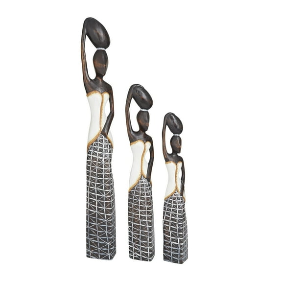 32", 23", 20"H Brown Wood Standing African Woman Sculpture with Baskets on Their Heads, by DecMode (3 Count)