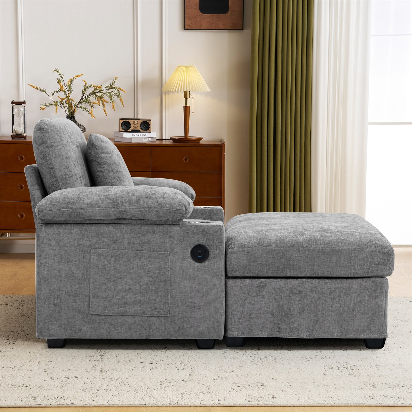 Alvantor Oversized Lounge Chair with Ottoman, Chenille Accent Armchair with Cupholders & USB Charging for Living Room Grey