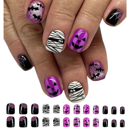 24 Pcs Short Square False Nails Halloween Nails Full Cover Stick on Nails Halloween Press On Nails Manicures Supplies