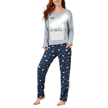 

Cute Letter Round Neck Pant Sets Multicolor Long Sleeve Women Pajama Sets S