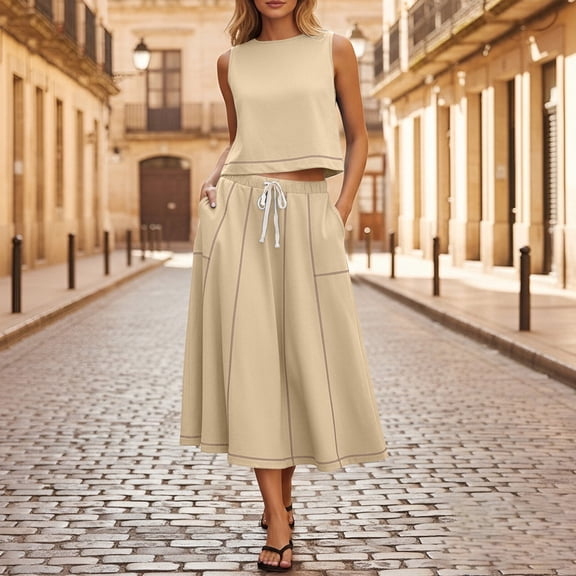 BRGZLK Womens Skirt Sets 2 Piece Outfits Summer Casual Trendy Vacation Cropped Sleeveless Tank Tops and High Waisted Drawstring Midi Skirt Set Beige XL