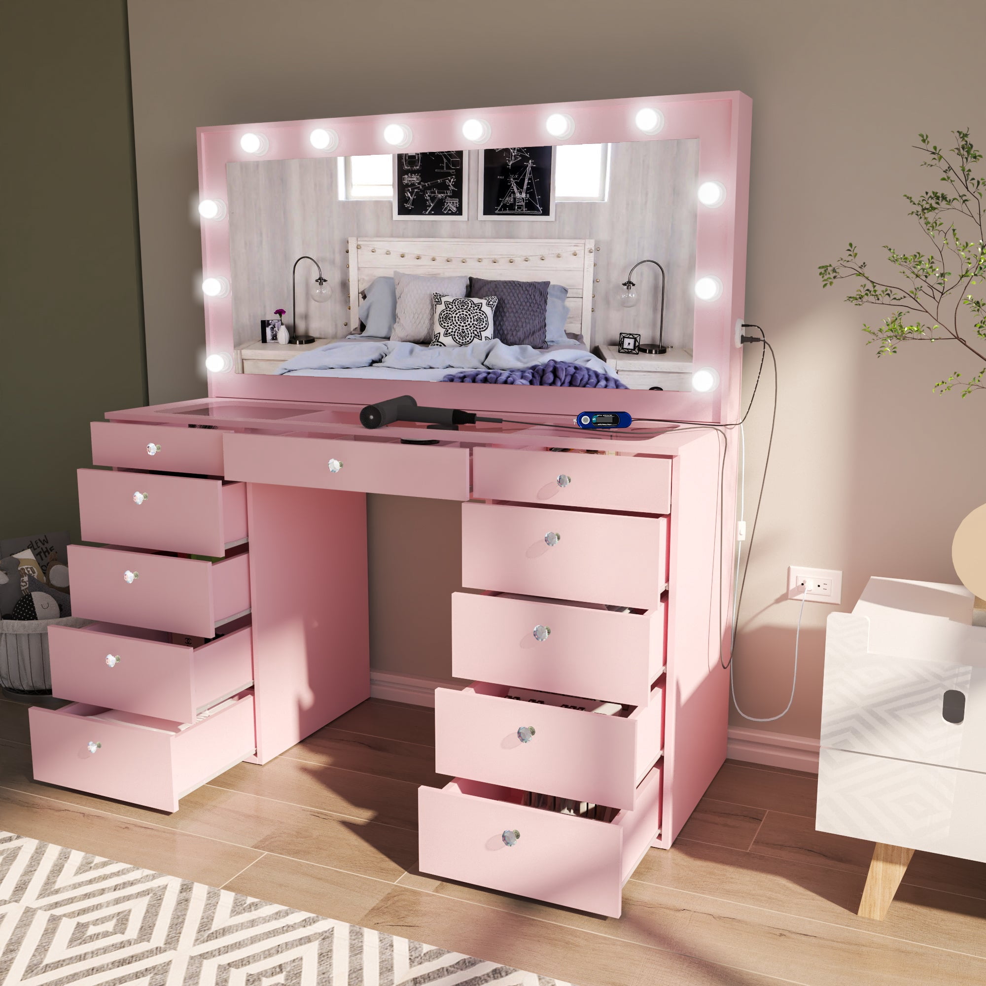 Ember Interiors Makeup Vanity with Mirror, Built-in Lights, 11 Drawers, Crystal Knobs, Pink