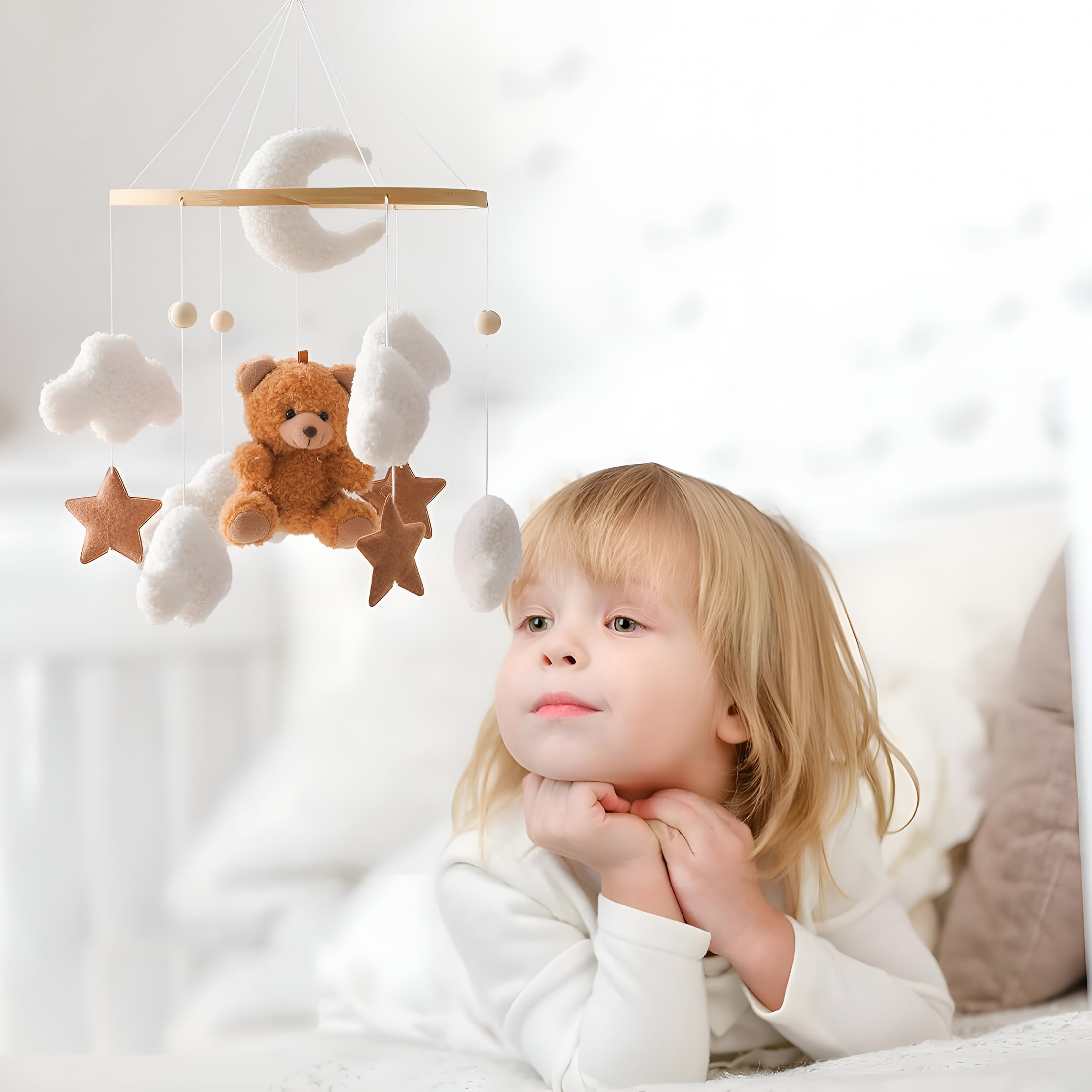 XIBUFE Baby Crib Mobile Brown Bear,Teddy Velvet Nursery Decor for Bassinet