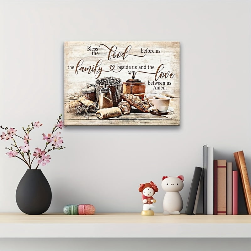 Christian Kitchen Wall Art , Coffee and Bread Decor , Rustic Coffee Theme Blessing Inspirational Quote Poster , Canvas Print Framed Modern Art , for Home Living Room Dining Room Kitchen