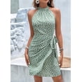 thumbnail image 5 of Women'S Summer Dress Dot Print Halter Neck Tie Waist Casual Zipper Back Sundress Vacation Beach Light Green XL, 5 of 6