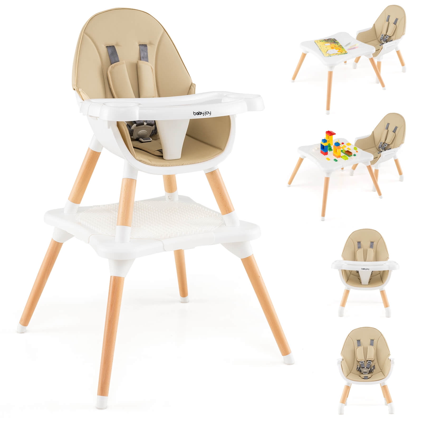 Babyjoy 6-in-1 High Chair for Babies & Toddlers with Building Block Table Beige