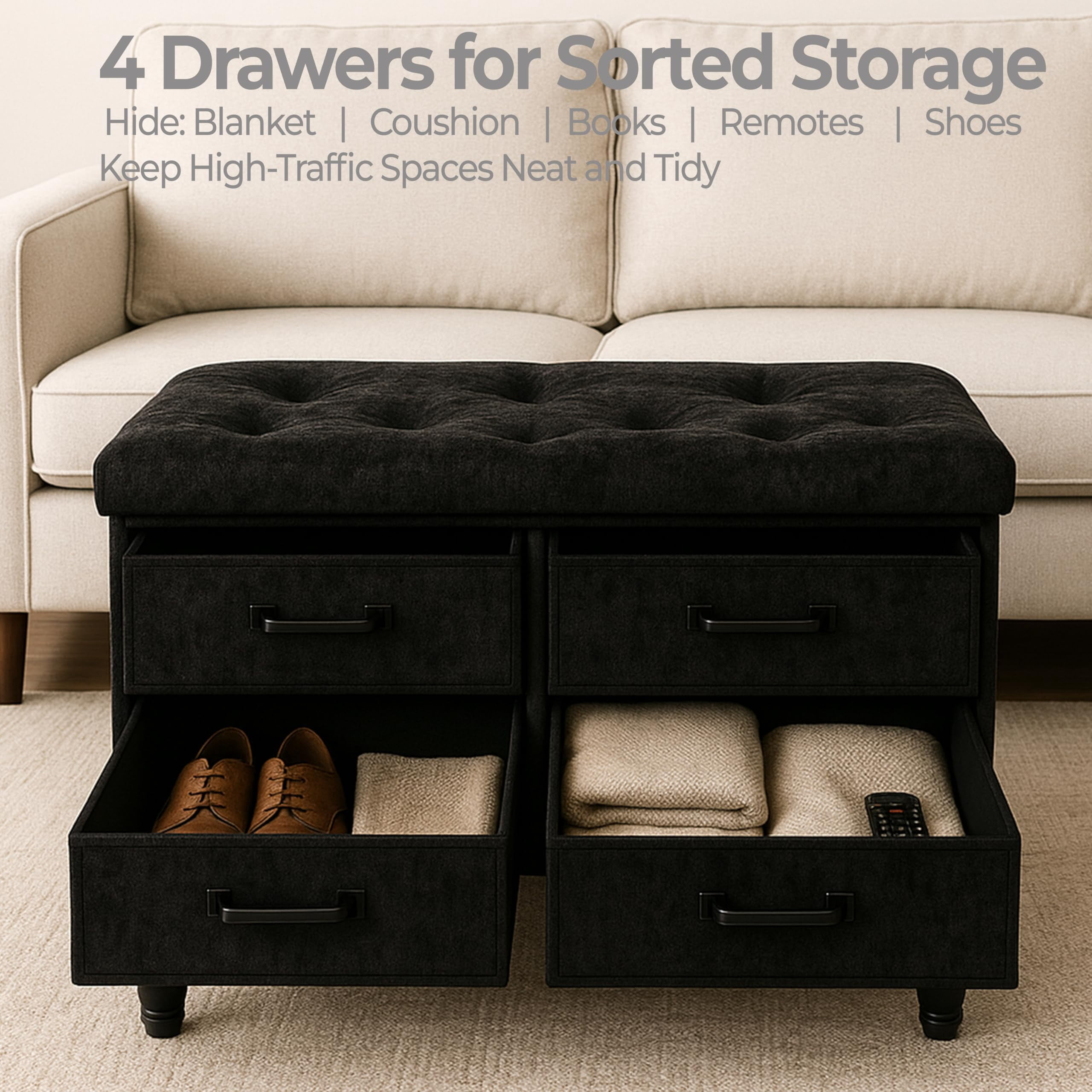 Aria Home 30" Modern Storage Ottoman Bench with 4 Drawers, MDF & Fabric, Black