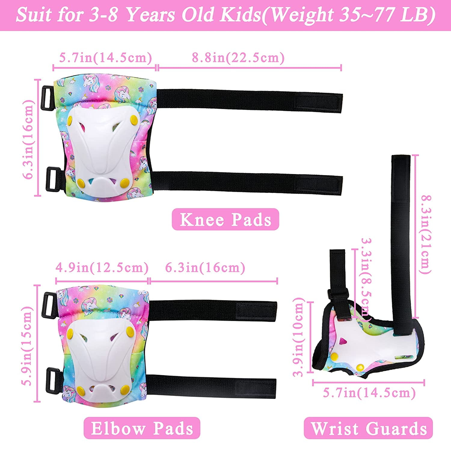 Rainbow FIODAY Knee Pads for Kids Unicorn Knee Elbow Pads Wrist Guards with Drawstring Bag Adjustable Protective Gear Set for Girls Boys Inline Skating Bike Cycling Skateboard Scooter 3-8 Years 