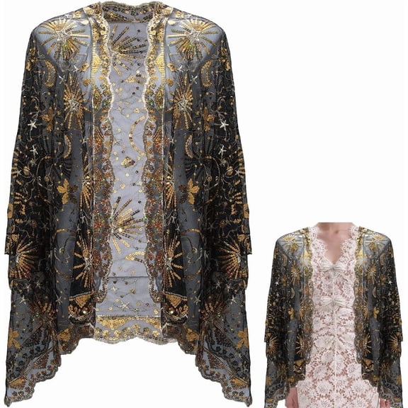 Black Sequin Shawls and Wraps 1920s Gold Sequins Beaded Shawl Wrap Long Womens Polyester Sheer Mesh Flapper Evening Scarf for Women Formal Party Wedding Dress Bridal Cover Up Accessories