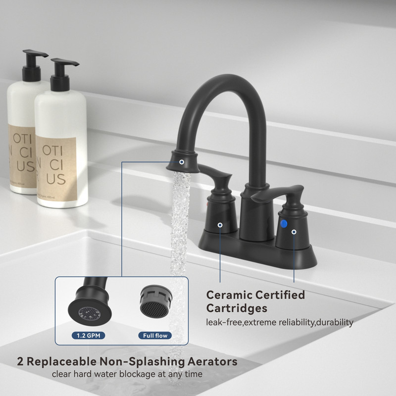 AUKTOPT Bathroom Faucet 3 Hole, Centerset 4 Inch Faucet 2 Handle Bathroom Sink Faucet Lead-Free with Pop up Drain, Matte Black