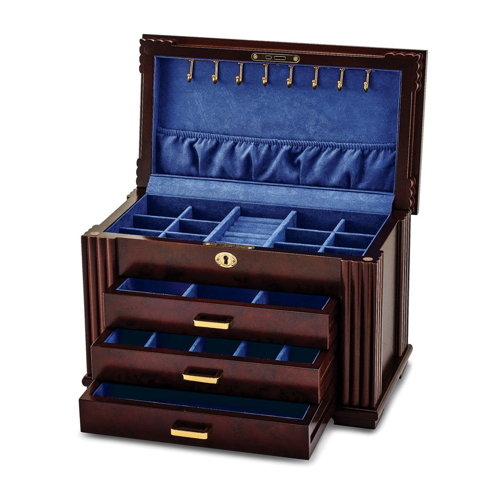 Luxury Giftware by Jere Matte Rosewood Burl Veneer 3-drawer Locking Wooden Jewelry Box QJJB875